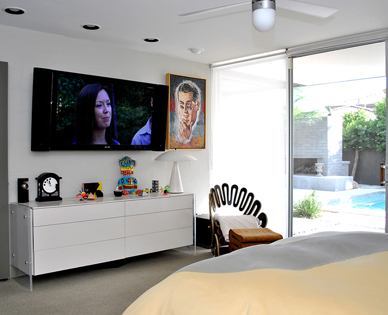 Bedroom TV installation with in-ceiling speakers